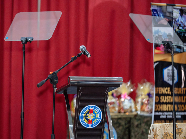 Podium with dual Presidential Teleprompters set up for a speech.