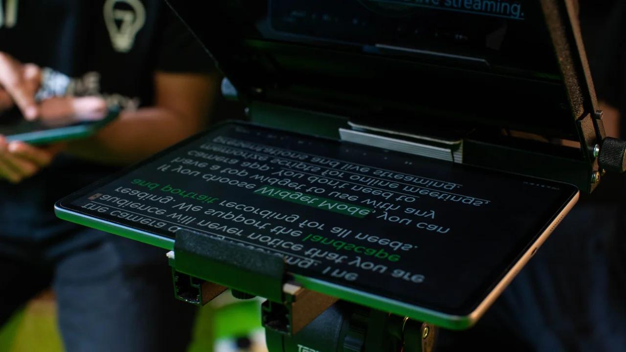 iPad teleprompter mounted and ready for production.