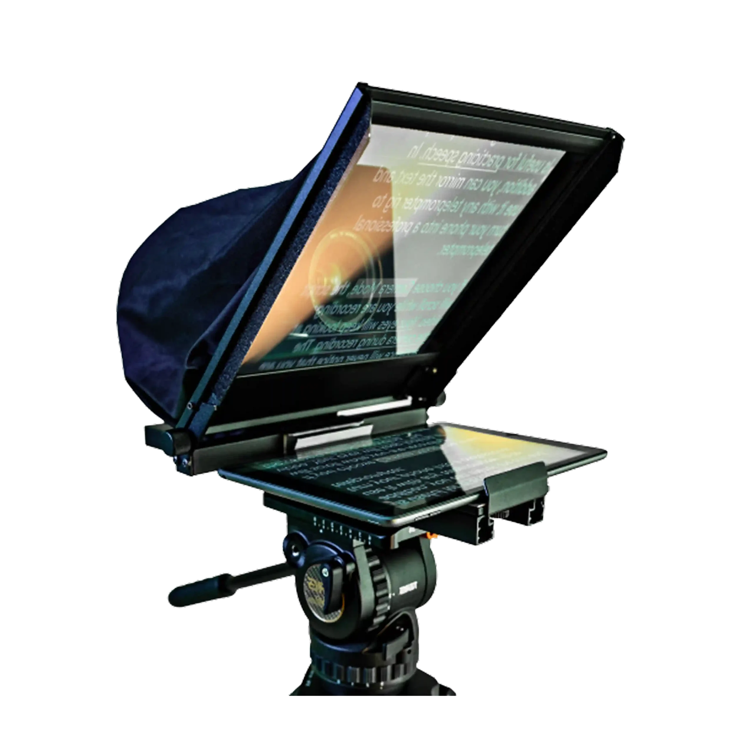 iPad teleprompter mounted on a tripod with a professional camera, ready for video production.