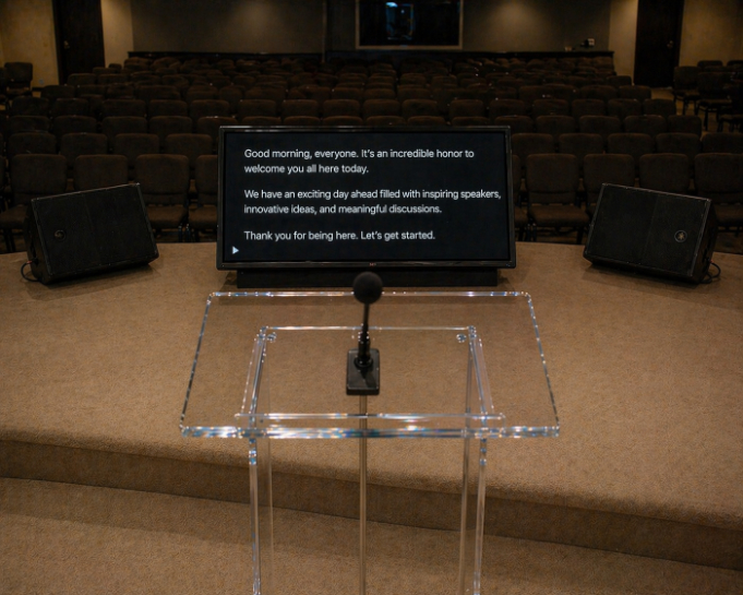 Stage TV Teleprompter positioned for an on-stage presentation.
