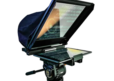 TYST iPad teleprompter mounted on a tripod with a professional camera, ready for video production.