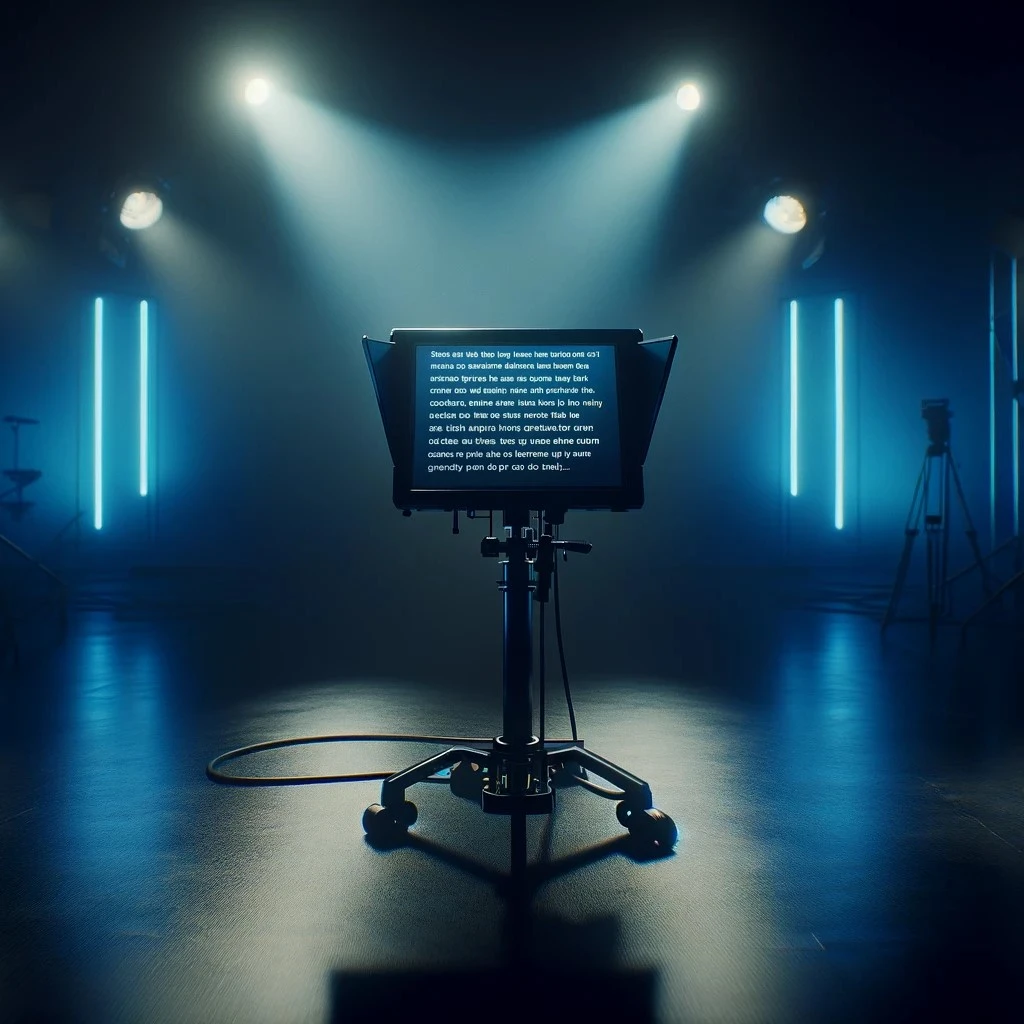 A teleprompter stands in a cinematic studio, illuminated by moody blue lighting and surrounded by professional filming equipment.