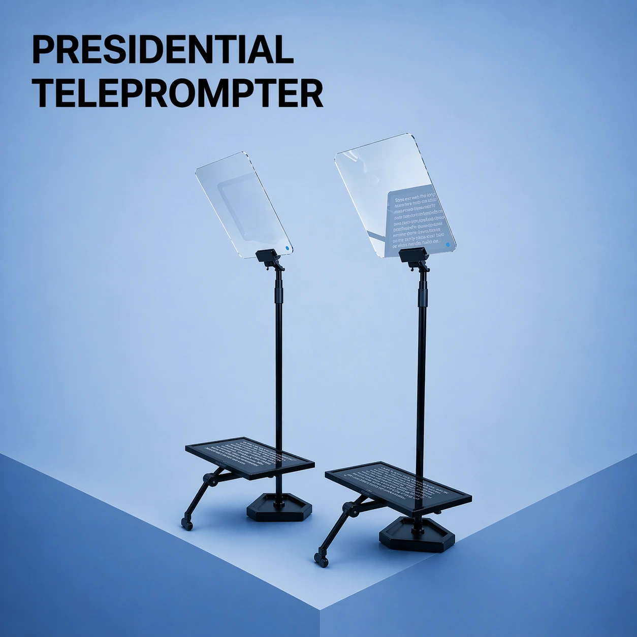 Podium with dual Presidential Teleprompters set up for a speech at a formal event.