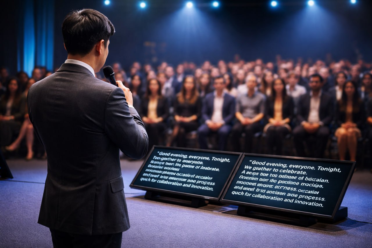 A teleprompter stands in a cinematic studio, illuminated by moody blue lighting and surrounded by professional filming equipment.